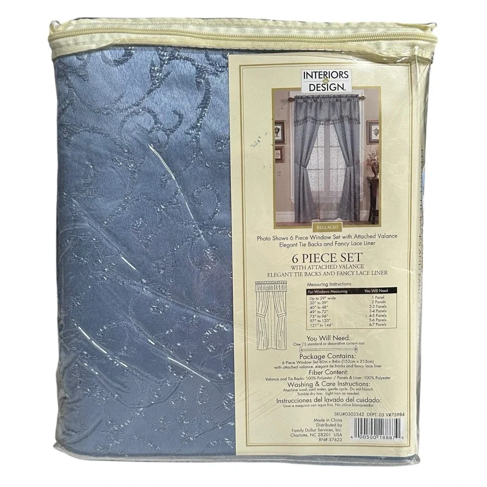 6 Piece Window Curtain Set BELLAGIO Blue Valance Tie Backs Lace Liner Elegant A3